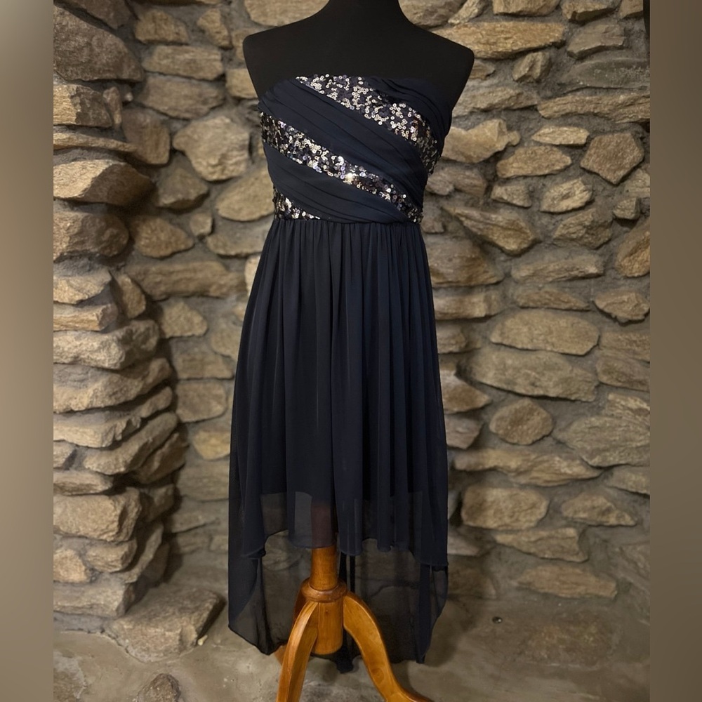 CLEARANCE Navy & Silver Strapless Chiffon Formal Dress Prom Homecoming Juniors 9